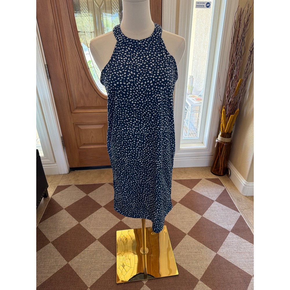 Navy Blue White Polka Dot Halter Neck Shift Dress Sleeveless Mini Slim Fit S